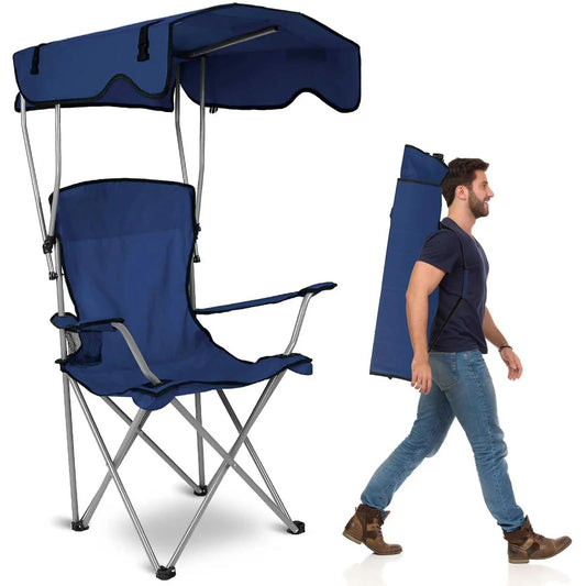 Camping chair with canopy sunshade and side panels for outdoor comfort and sun protection