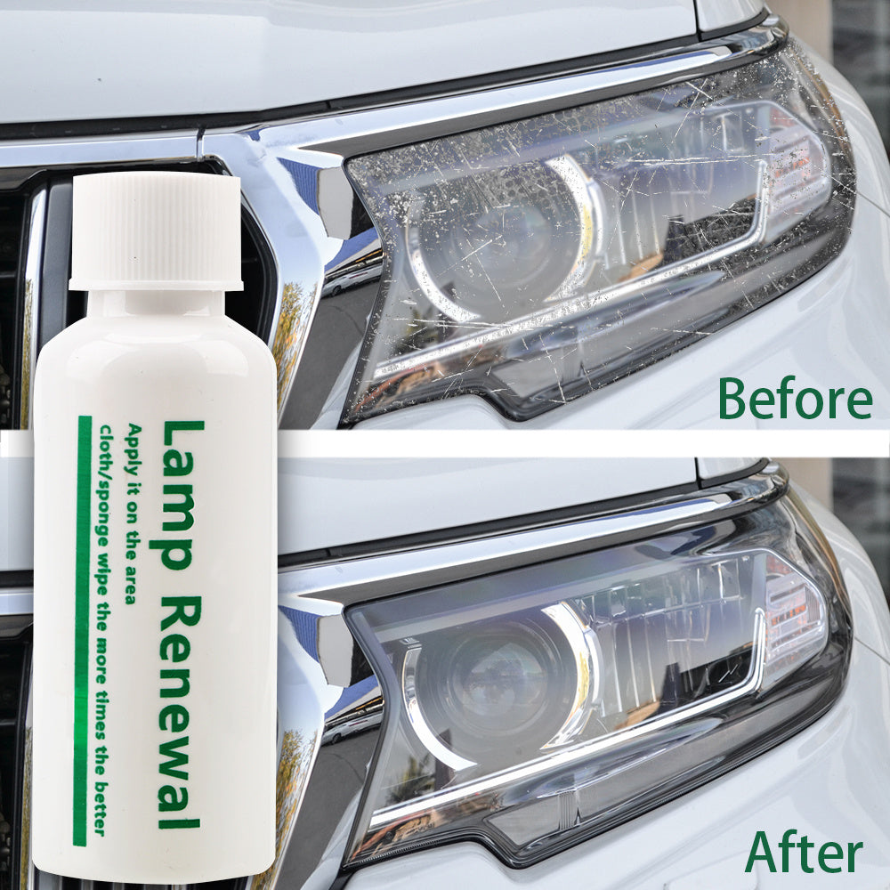 Car headlight repair and restoration liquid designed to help restore clarity to oxidized and yellowed headlights depicting before and after use states