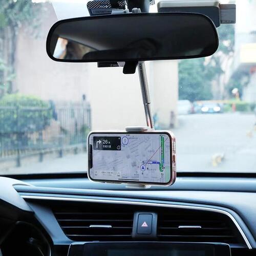 Car phone holder with 360 degree rotation adjustable viewing angles and secure rearview mounting design product shot