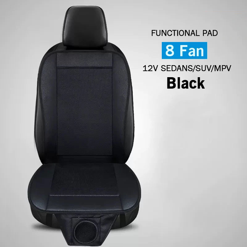 Breathable car seat cooling cushion in black color with built-in fan for improved airflow and comfort during hot drives (Color: Black)