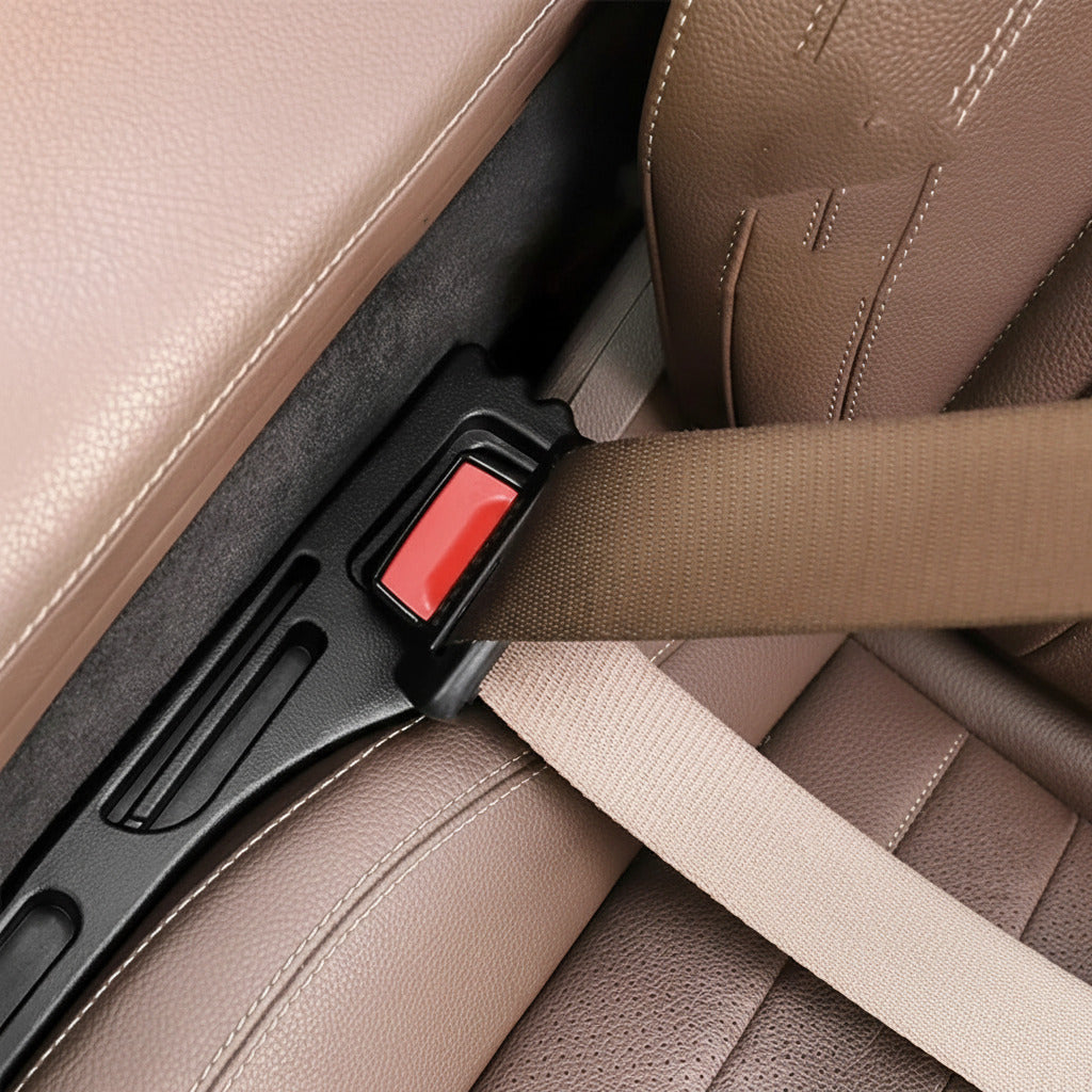 Car seat gap filler insert that prevents phones, keys, and small items from falling between car seats depiction of compatibility with seat belt