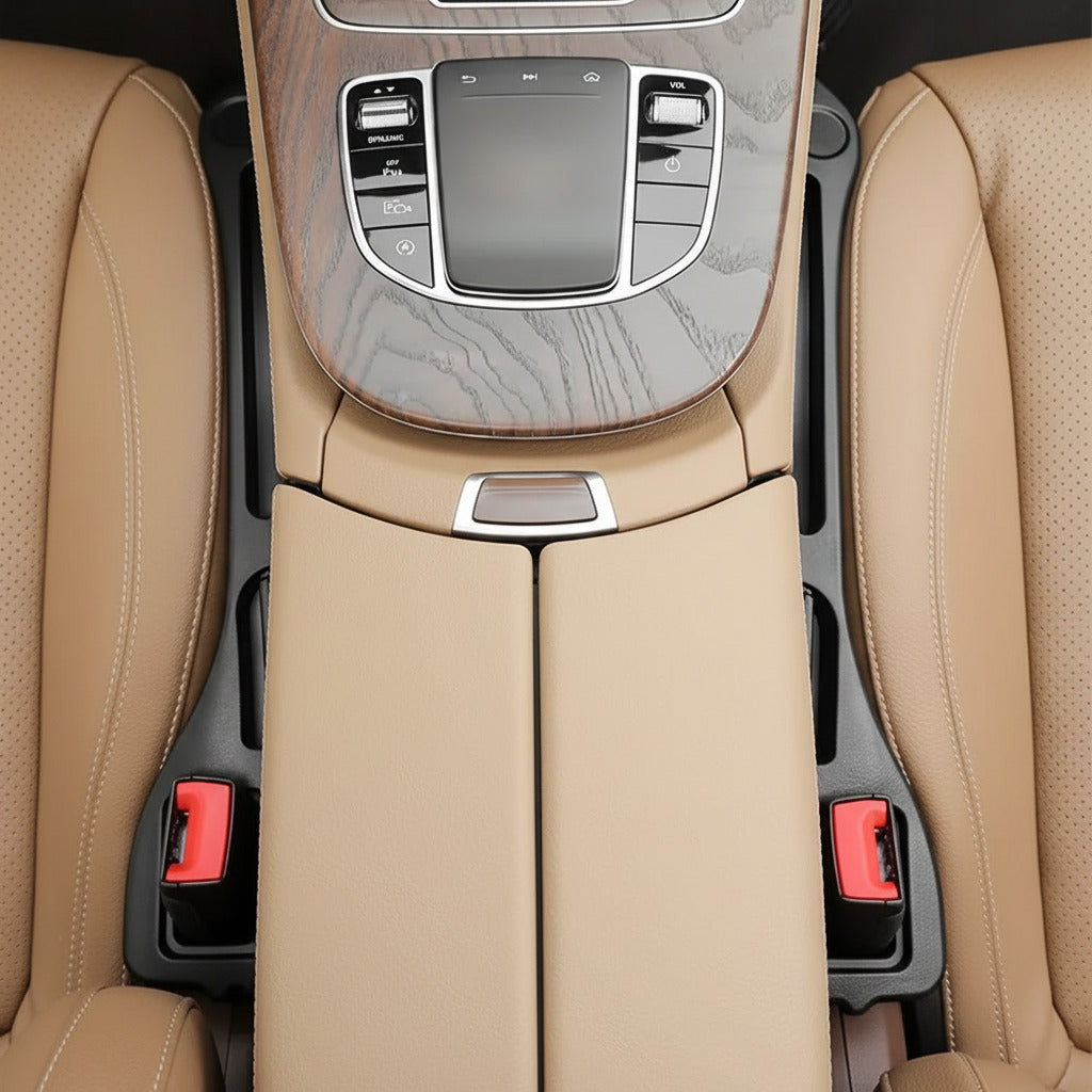 Car seat gap filler insert that prevents phones, keys, and small items from falling between car seats depiction of two piece set