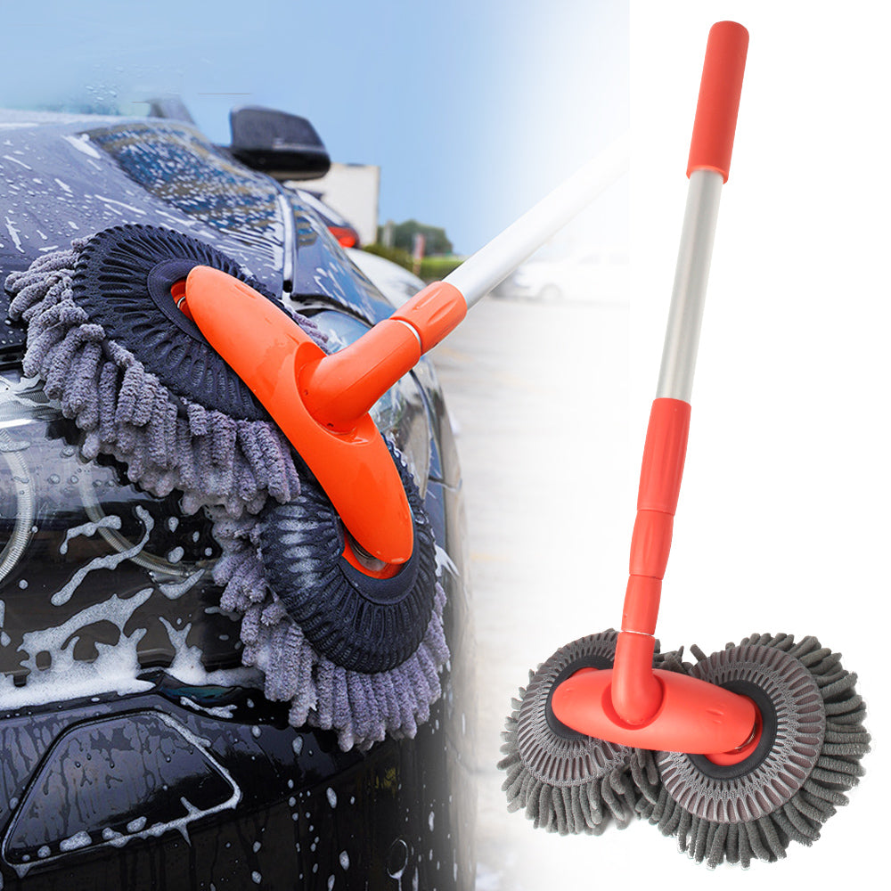 Car wash mop brush with extendable handle and chenille head for cleaning vehicles depiction of use