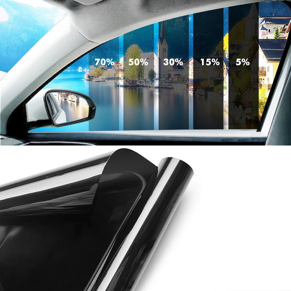 Car window tint film kit with UV protection glare reduction and installation tools depiction of different VLT percentages