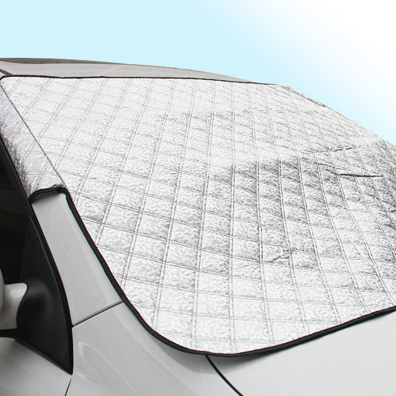 Silver car windshield snow and sun protection cover for frost, ice, dust, and UV protection alternate angle shot