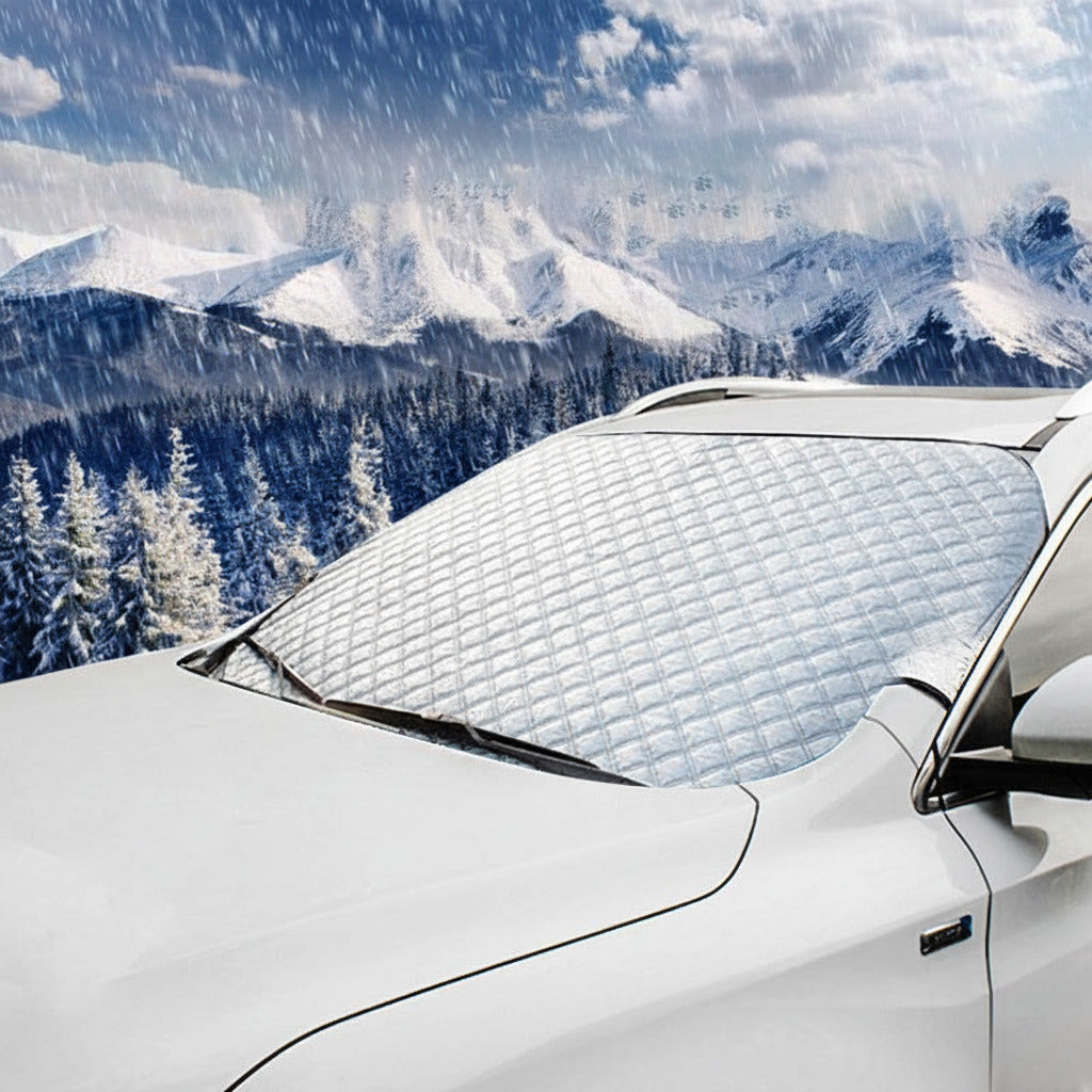 Silver car windshield snow and sun protection cover for frost, ice, dust, and UV protection