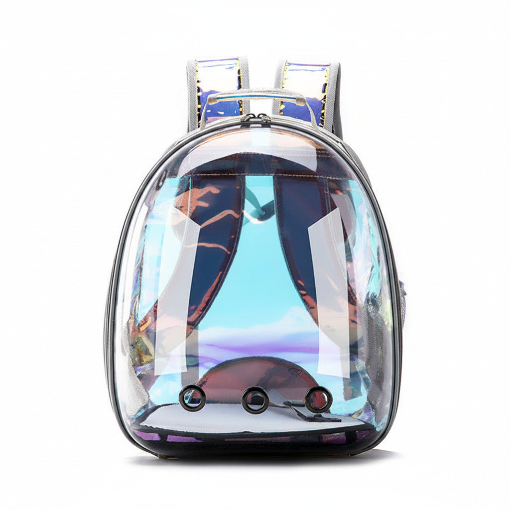 Cat carrier backpack in chrome color with transparent capsule window breathable design and padded travel straps (Color: Chrome)