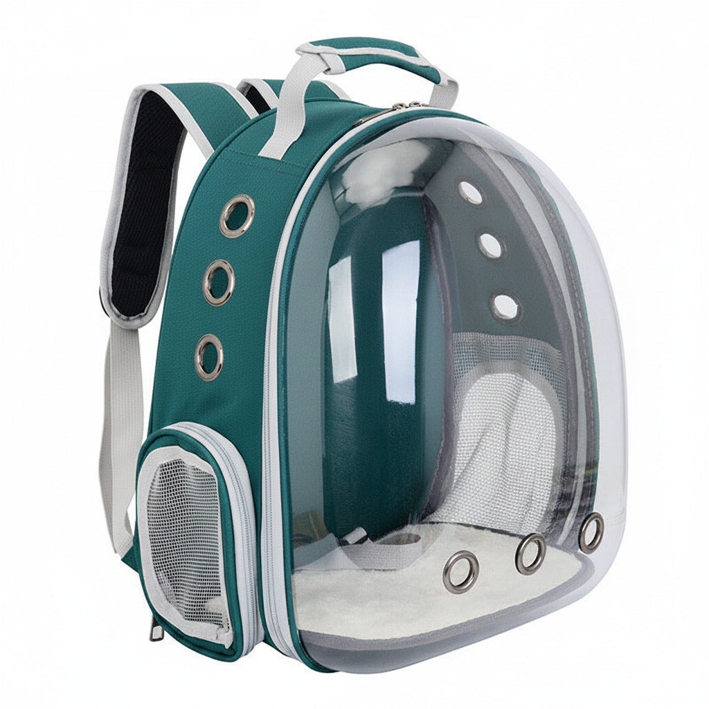 Cat carrier backpack in green color with transparent capsule window breathable design and padded travel straps (Color: Green)