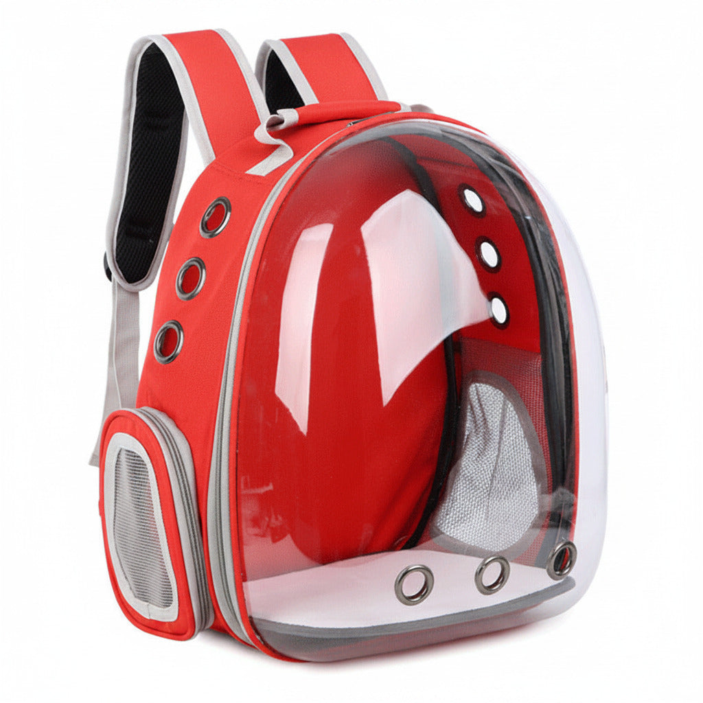 Cat carrier backpack in red color with transparent capsule window breathable design and padded travel straps (Color: Red)