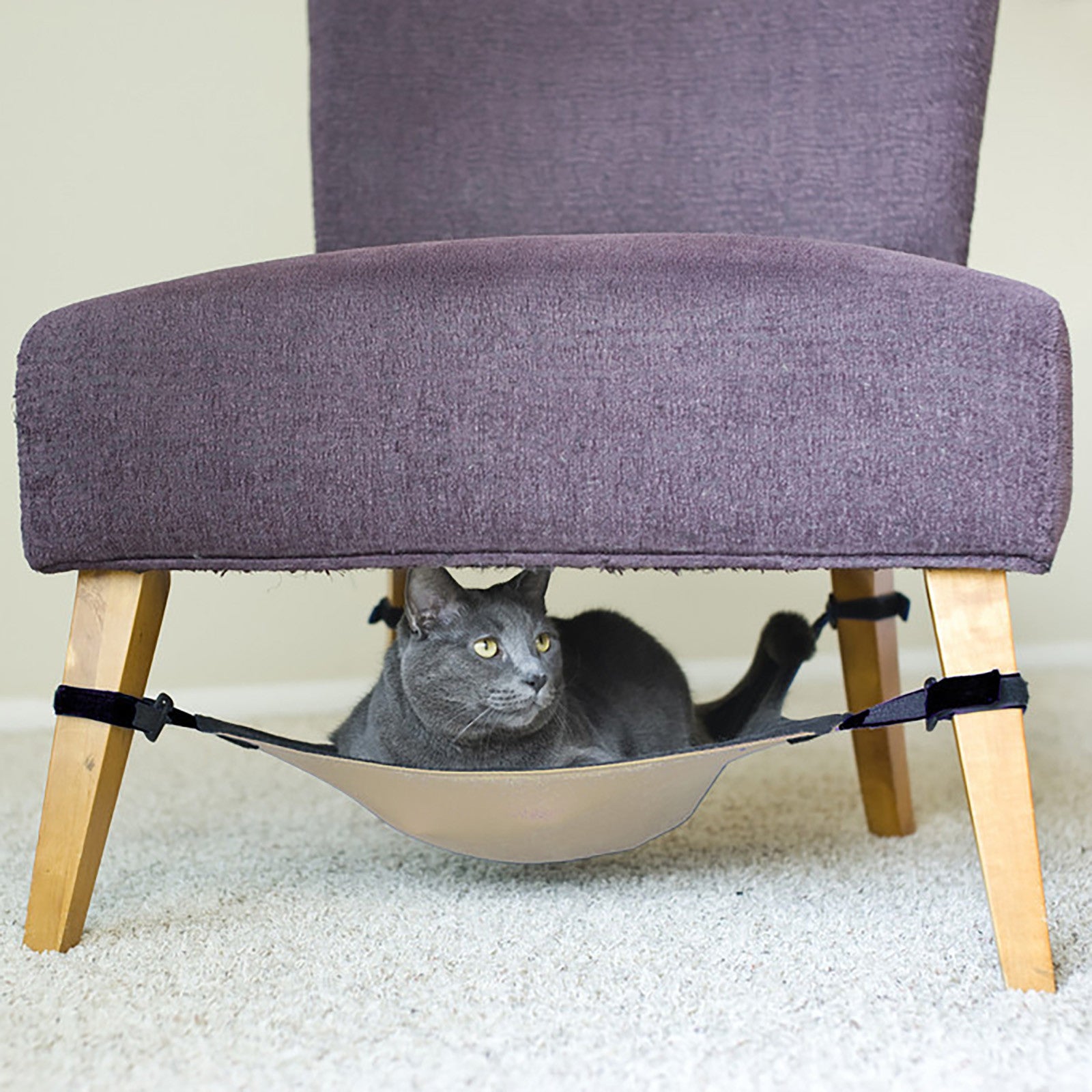 Cat chair hammock under chair bed with soft dual sided fabric for comfort depiction of use by a cat