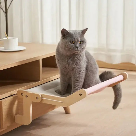Cat hanging bed elevated pet bed with strong support and washable cover depiction of use on furniture