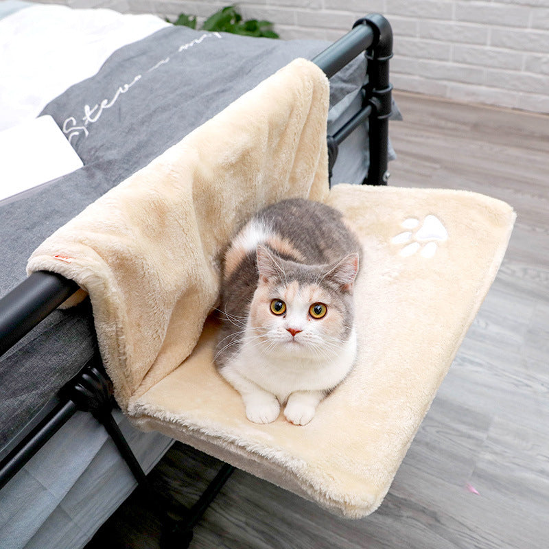 Cat hanging hammock bed in beige color soft elevated pet bed for window bedside and furniture lounging (Color: Beige)