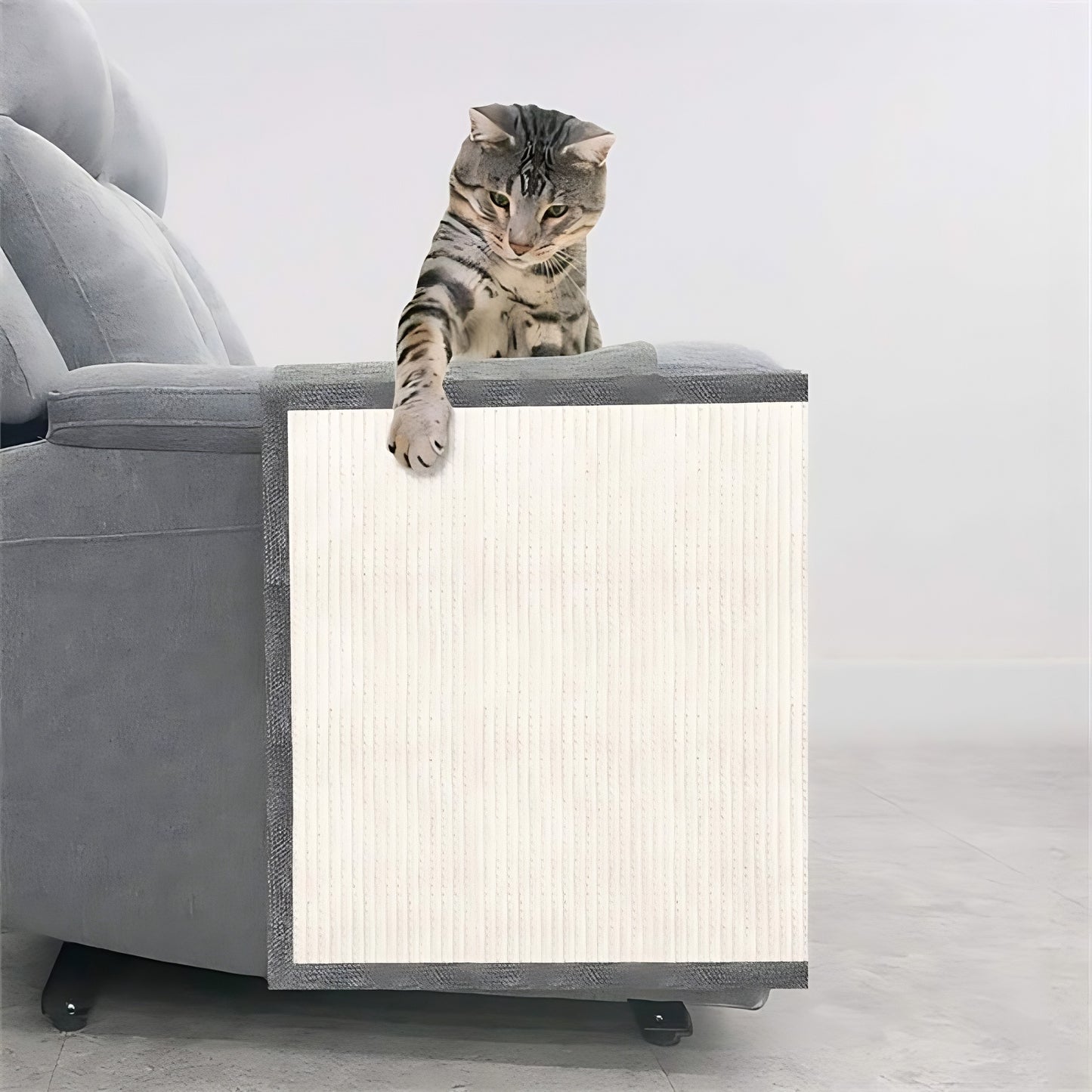 Cat scratch sofa protector with sisal panel to protect couch from scratching and damage depiction of a cat trying to scratch