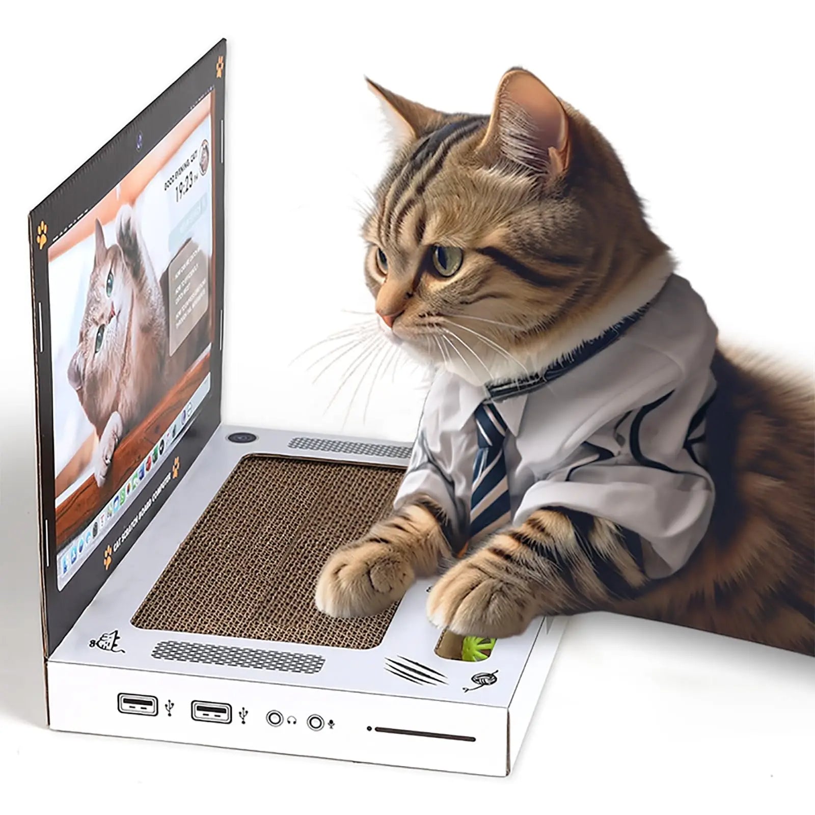 Cat scratching laptop board with cardboard surface toy mouse and interactive ball track product shot with a cat
