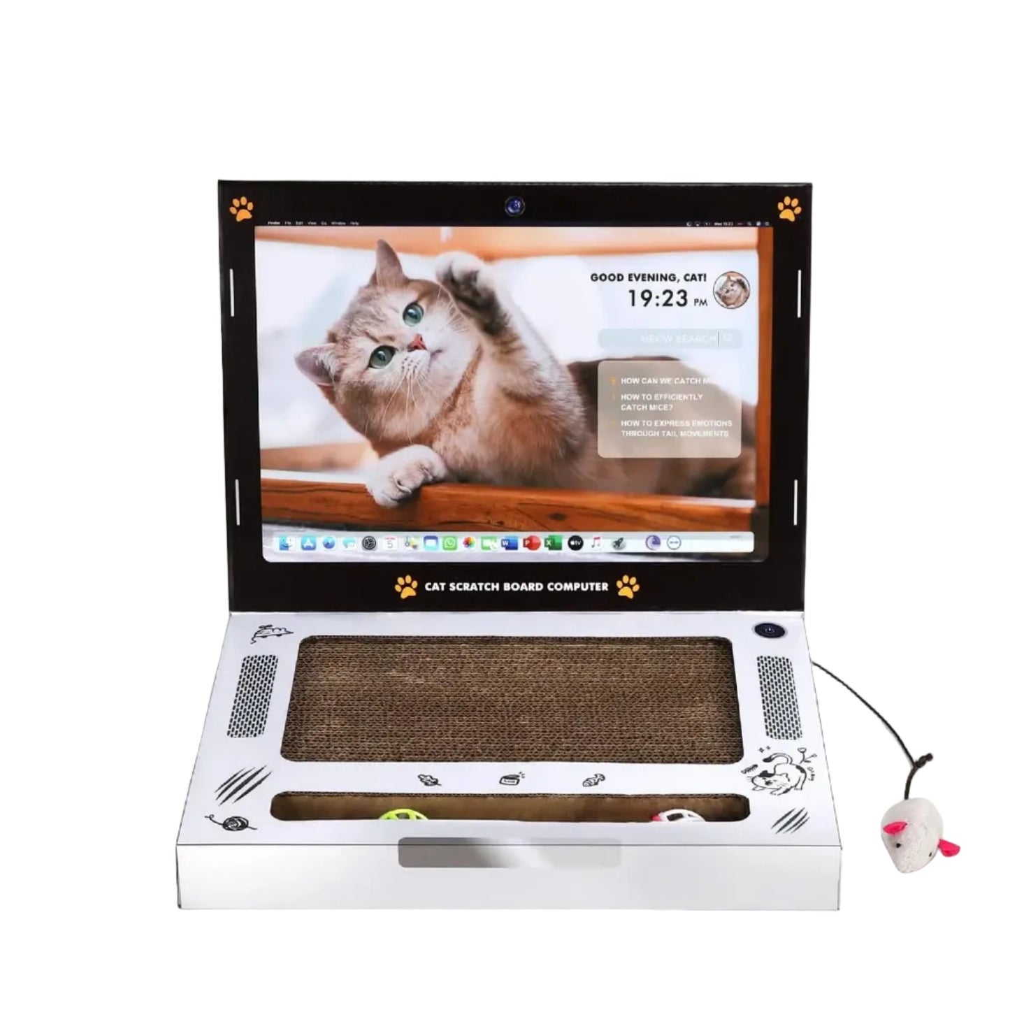 Cat scratching laptop board with cardboard surface toy mouse and interactive ball track product shot