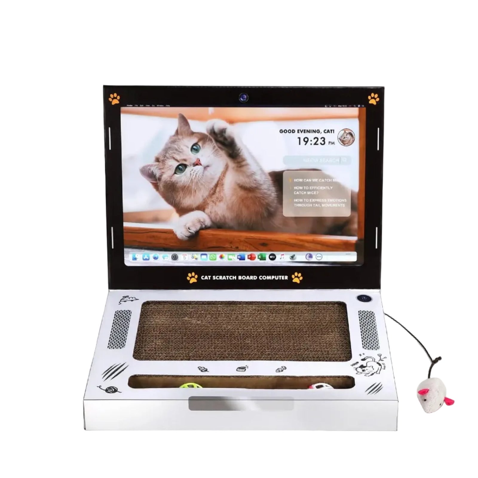 Cat scratching laptop board with cardboard surface toy mouse and interactive ball track product shot