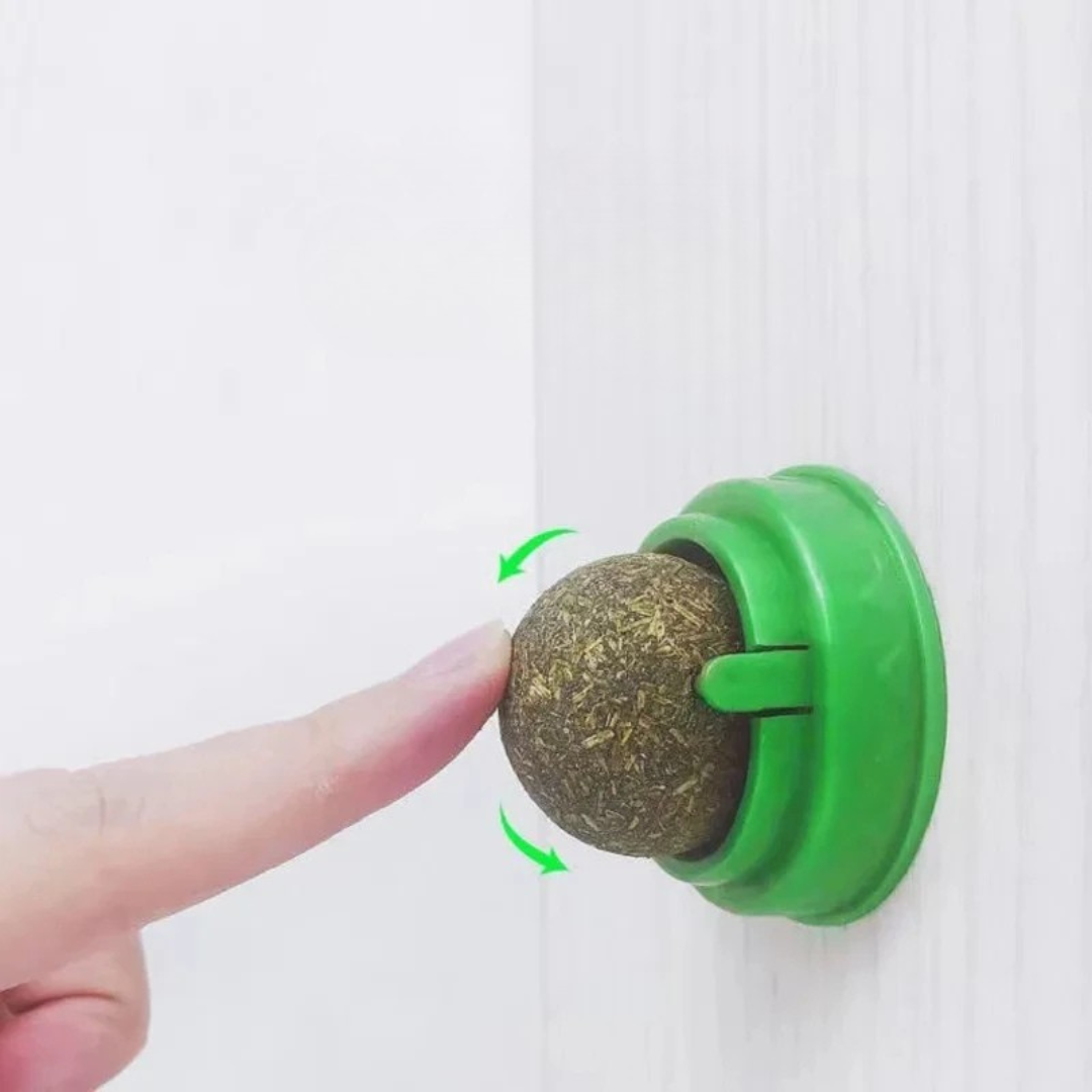 Catnip wall balls for cats 3 pack with adhesive backing for interactive play and self grooming depiction of rotation