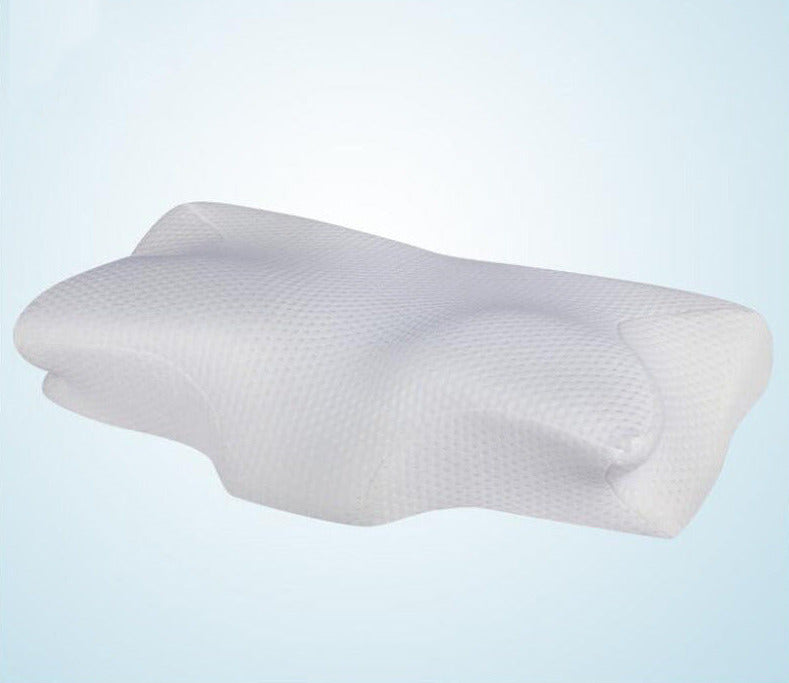 Cervical memory foam neck pillow designed to support the neck and promote proper sleeping posture close shot