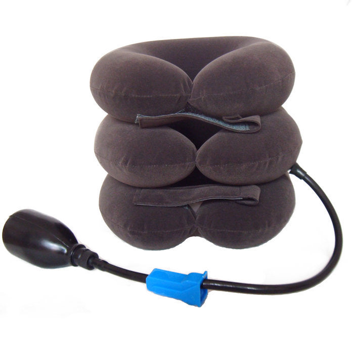 Cervical neck traction pillow in brown color inflatable neck support for alignment and tension relief (Color: Brown)