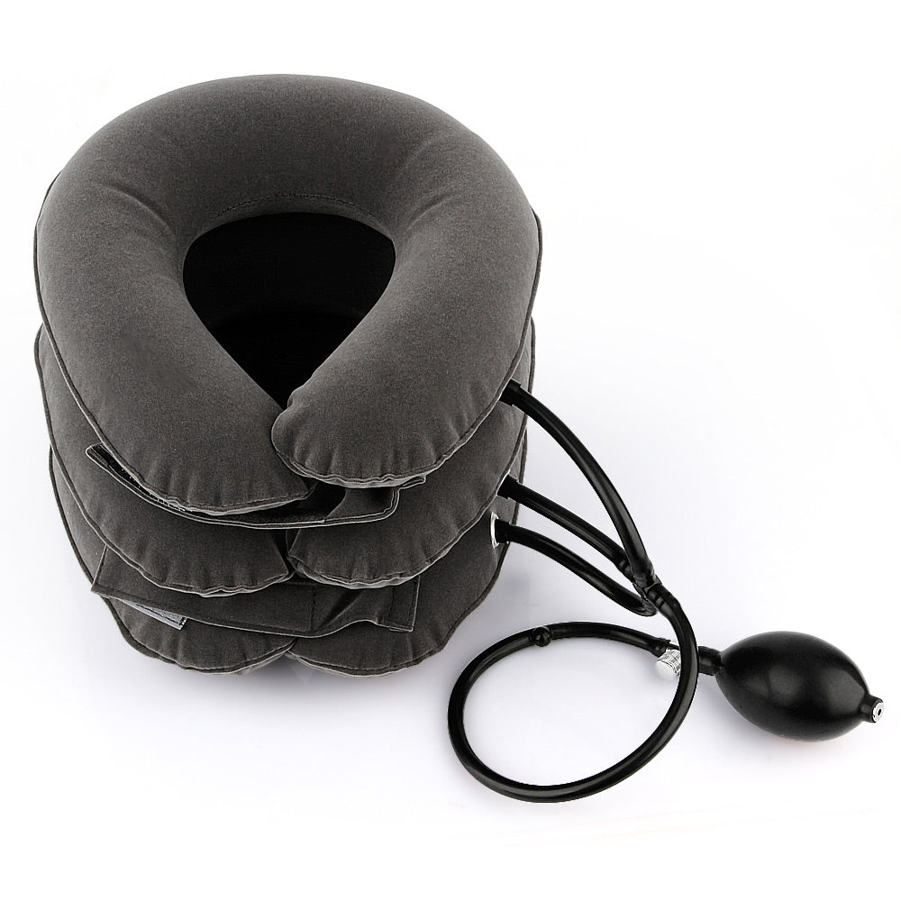 Cervical neck traction pillow in gray color inflatable neck support for alignment and tension relief (Color: Gray)