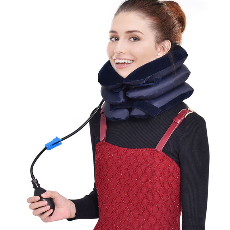Cervical neck traction pillow inflatable neck support for alignment and tension relief model shot