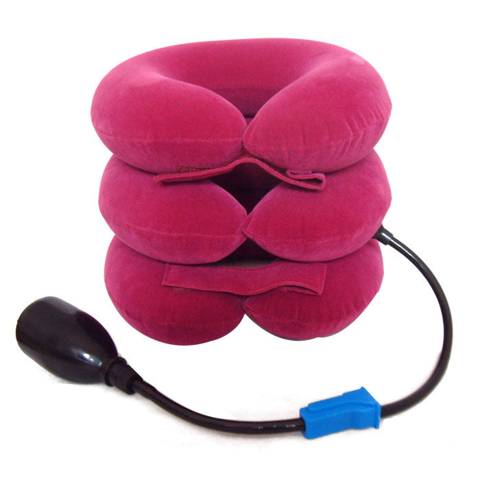 Cervical neck traction pillow in pink color inflatable neck support for alignment and tension relief (Color: Pink)