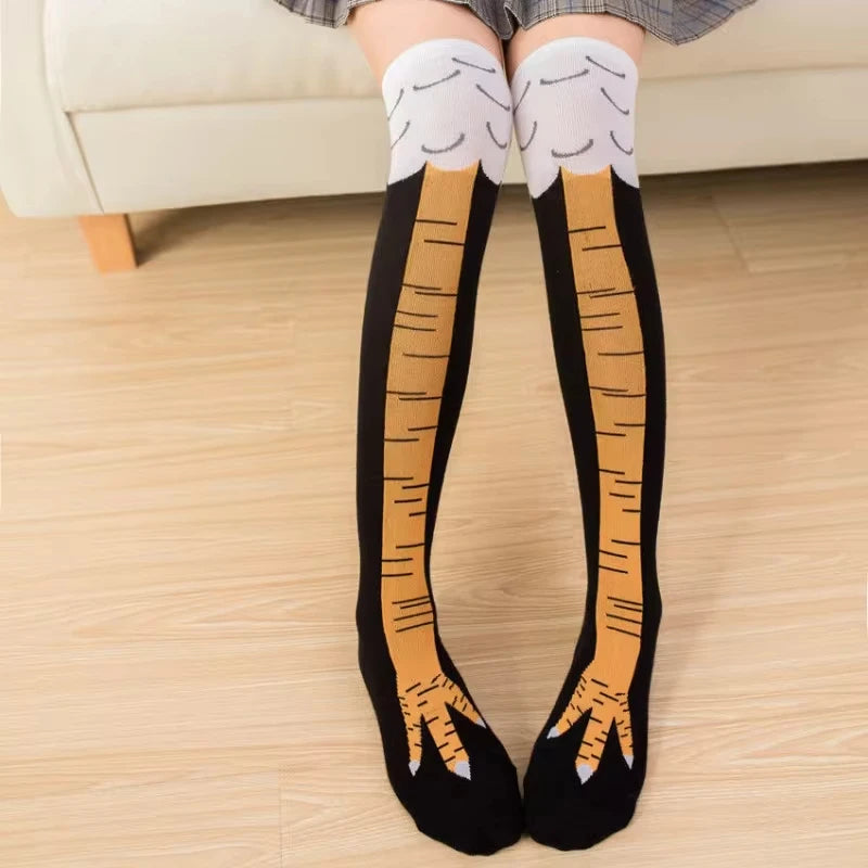 Novelty chicken feet knee-high socks with realistic feather print design for fun costumes or parties alternate shot