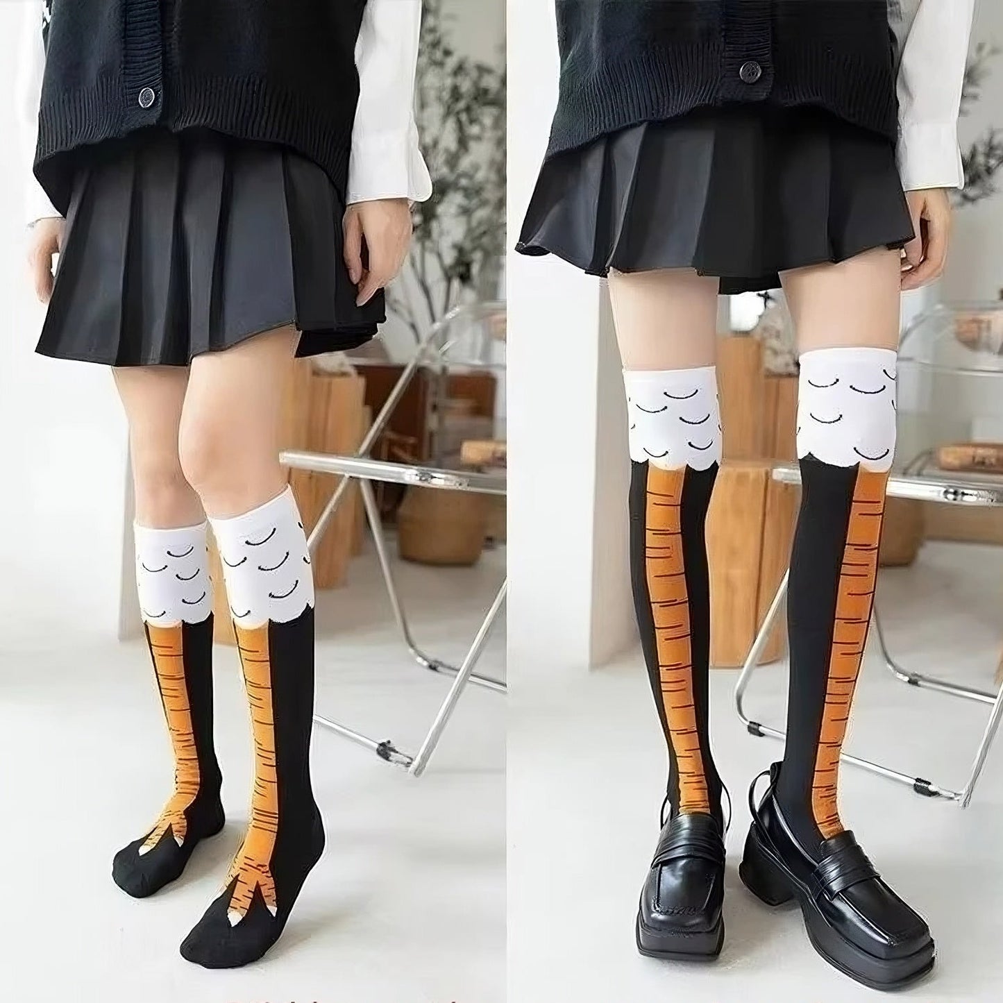 Novelty chicken feet knee-high socks with realistic feather print design for fun costumes or parties comparison between regular and long sizes