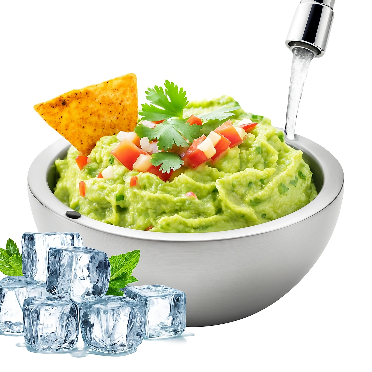 Stainless steel cooling bowl with double wall chamber for pre chilling food product shot