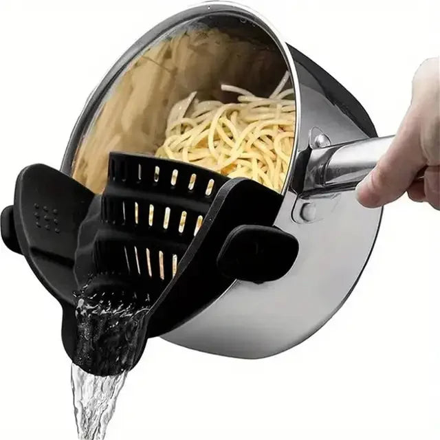 Clip on pot strainer in black color silicone clip for draining pasta and vegetables easily (Color: Black)