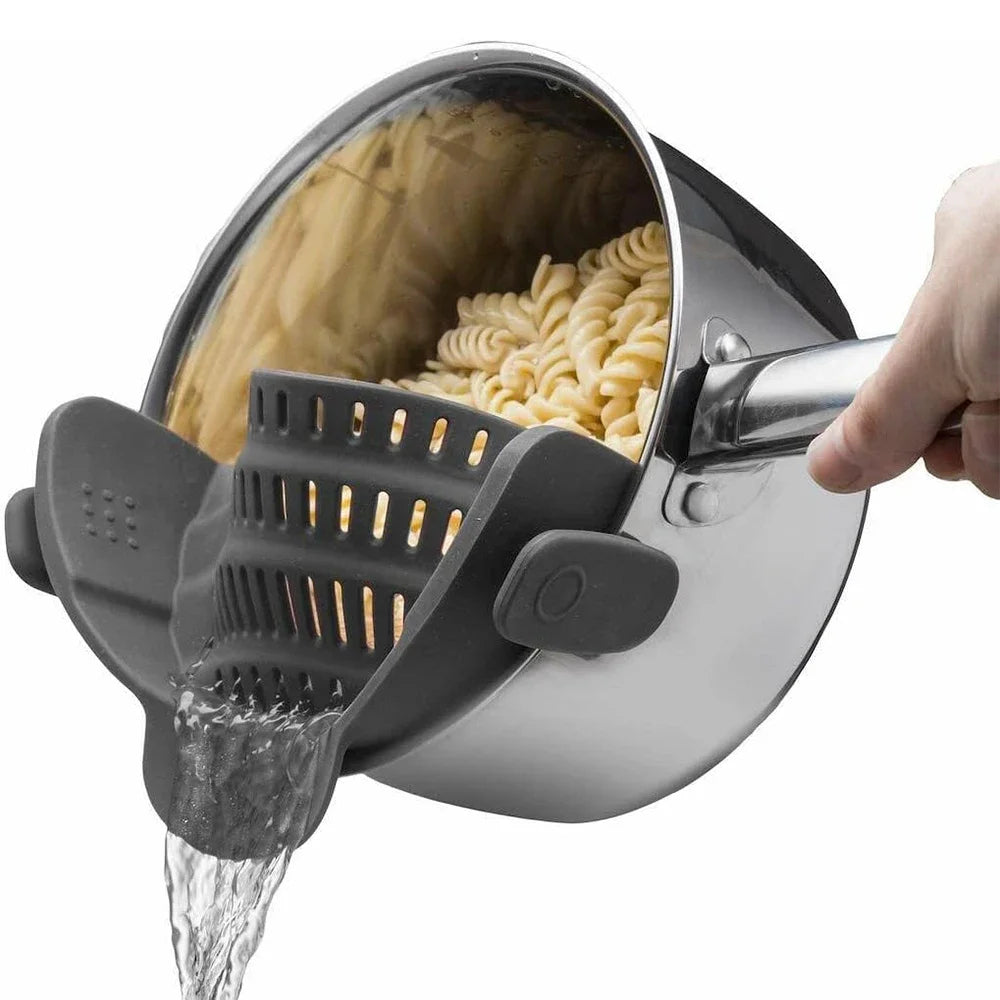 Clip on pot strainer in gray color silicone clip for draining pasta and vegetables easily (Color: Gray)