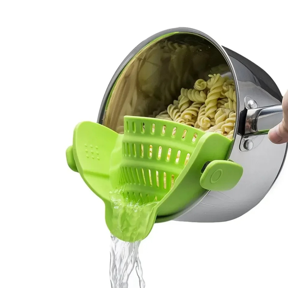Clip on pot strainer in green color silicone clip for draining pasta and vegetables easily (Color: Green)