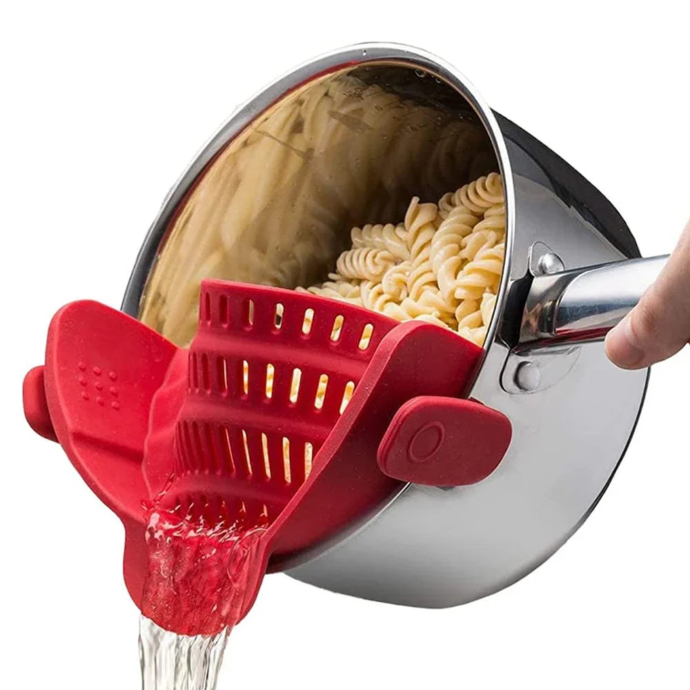 Clip on pot strainer in green color silicone clip for draining pasta and vegetables easily (Color: Red)