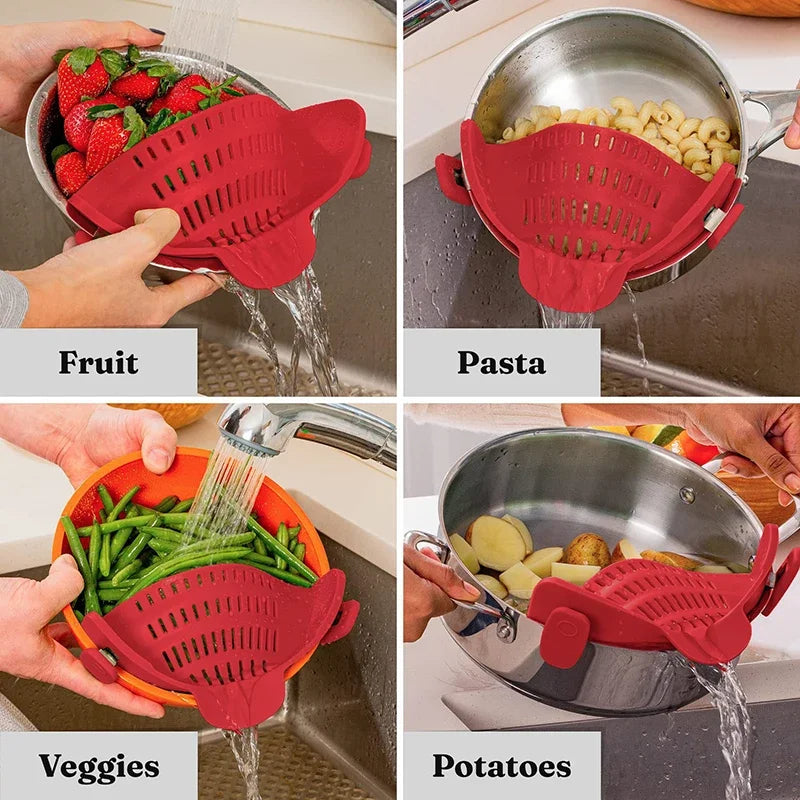 Clip on pot strainer silicone clip for draining pasta and vegetables easily depiction of use cases