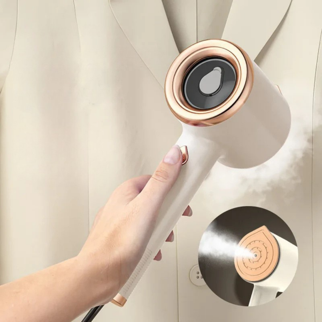 Compact handheld garment steamer designed to quickly remove wrinkles from clothes for travel and home use depiction of hanging ironing alternate shot