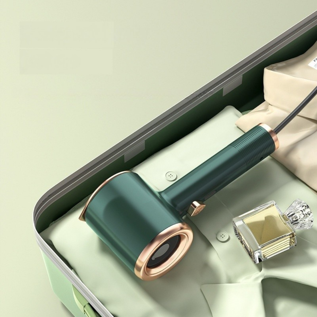 Compact handheld garment steamer designed to quickly remove wrinkles from clothes for travel and home use depiction of compact storage