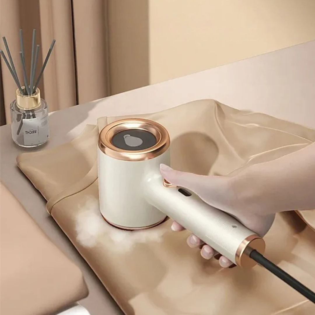 Compact handheld garment steamer designed to quickly remove wrinkles from clothes for travel and home use depiction of flat ironing