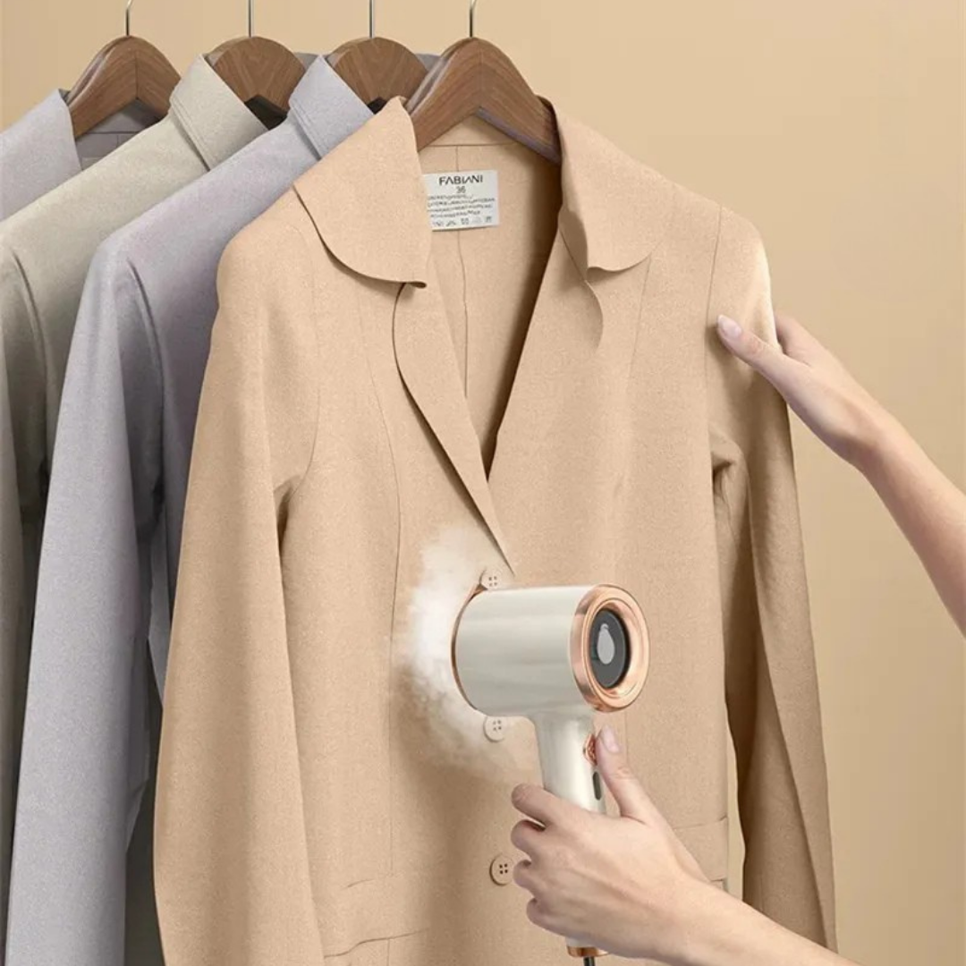Compact handheld garment steamer designed to quickly remove wrinkles from clothes for travel and home use depiction of hanging ironing