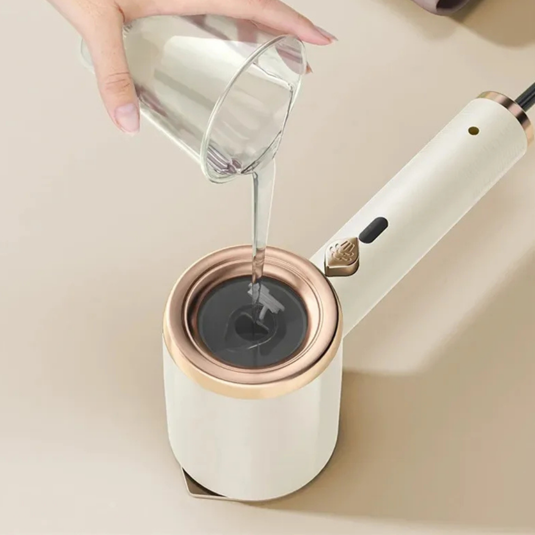 Compact handheld garment steamer designed to quickly remove wrinkles from clothes for travel and home use depiction of filling water