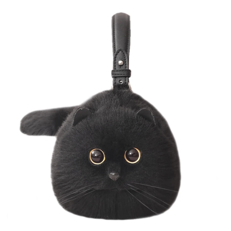 Convertible cat handbag made of faux leather and faux fur with spacious interior product shot