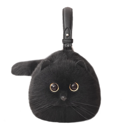 Convertible cat handbag made of faux leather and faux fur with spacious interior product shot