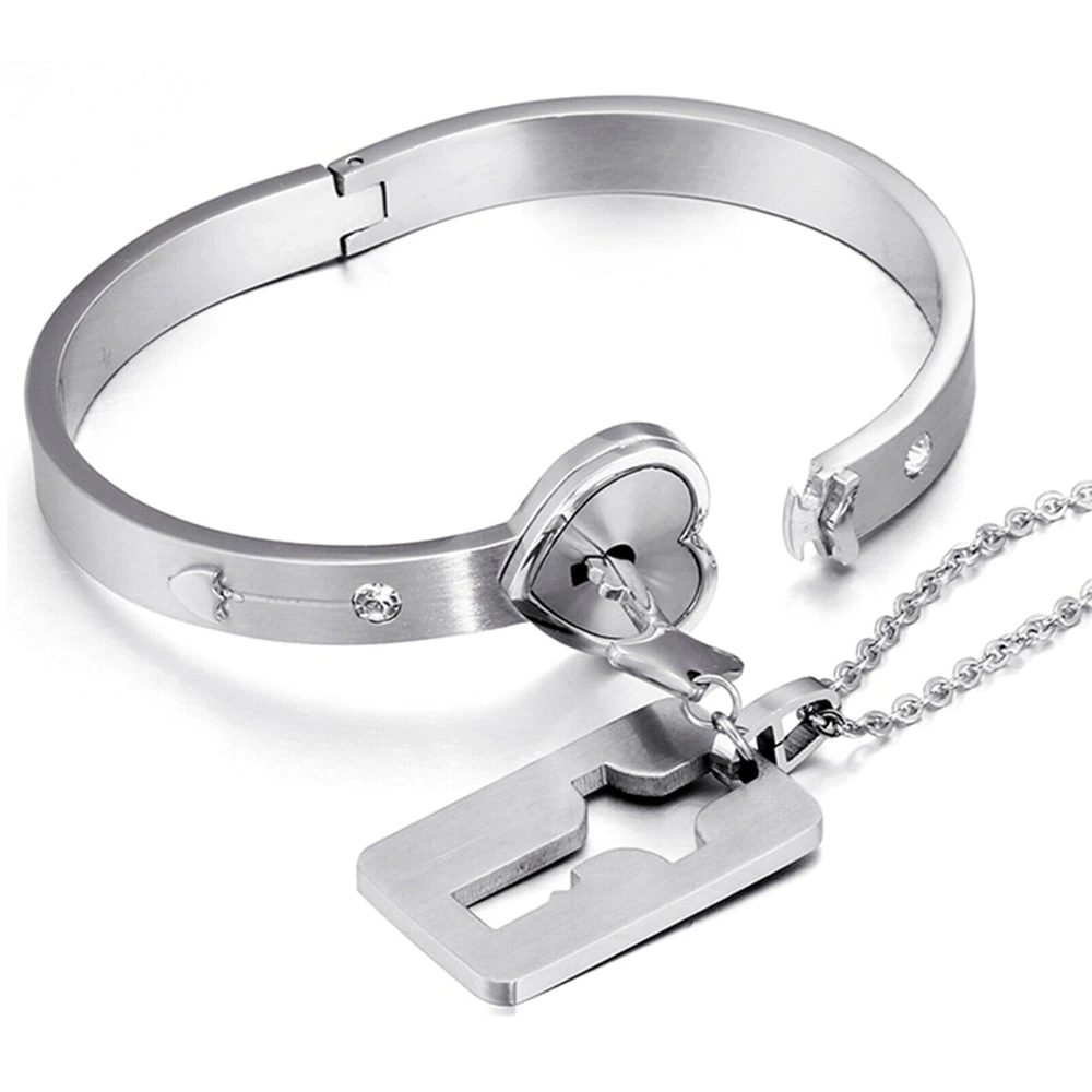 Couples lock and key bracelet set with matching necklace symbolizing love and connection depiction of use