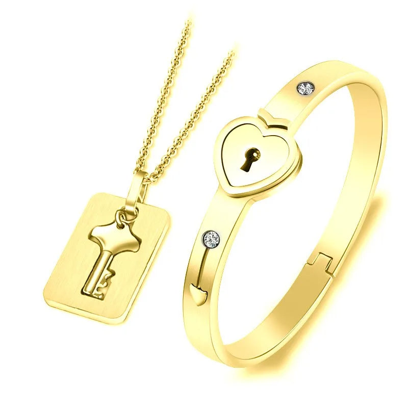 Couples lock and key bracelet set in gold color with matching necklace symbolizing love and connection (Color: Gold)