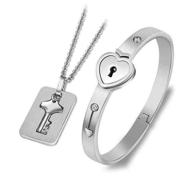 Couples lock and key bracelet set in silver color with matching necklace symbolizing love and connection (Color: Silver)