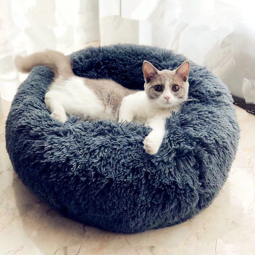 Cozy round dog and cat bed with raised rim support and soft plush comfort for small pets cat model shot