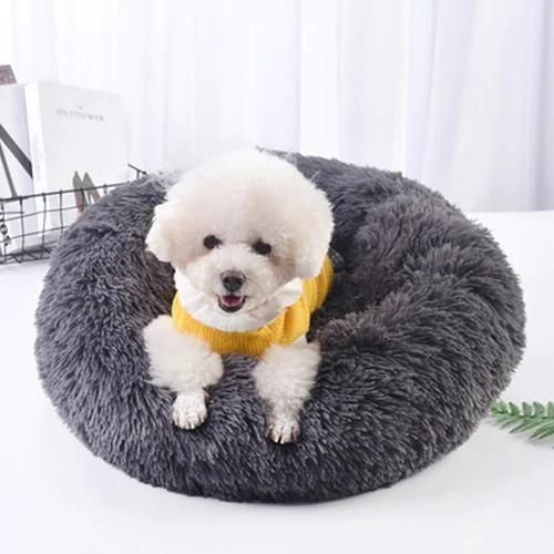 Cozy round dog and cat bed with raised rim support and soft plush comfort for small pets dog model shot