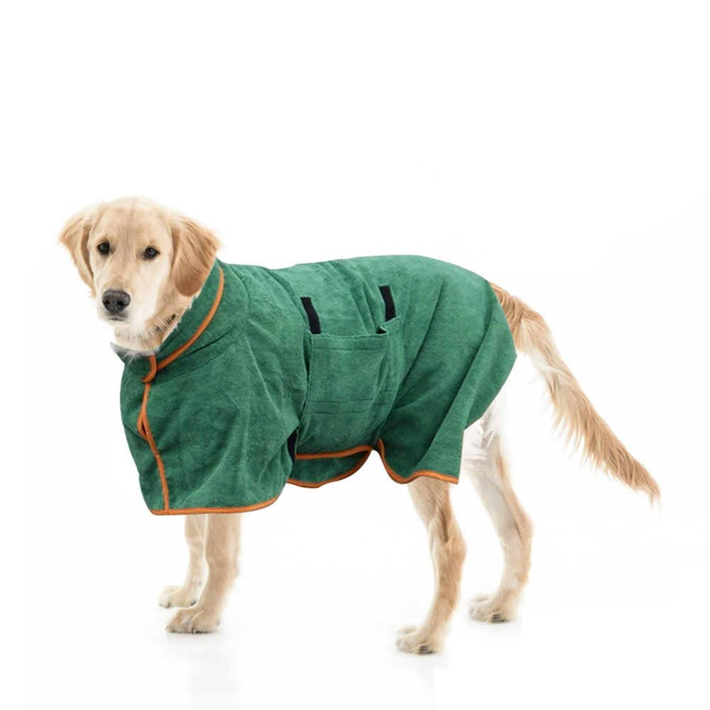 Dog bathrobe towel for drying pets quickly after baths walks and rainy days big dog model shot