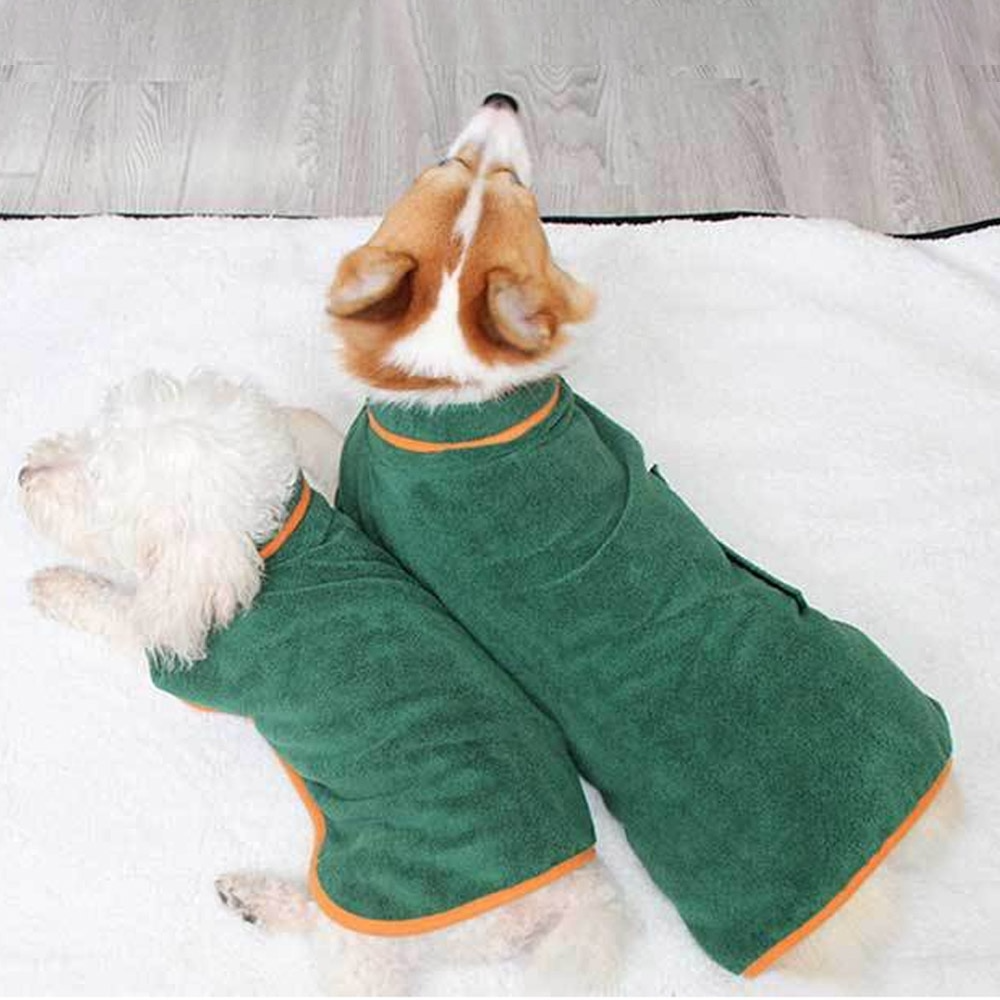 Dog bathrobe towel for drying pets quickly after baths walks and rainy days dogs duo model shot