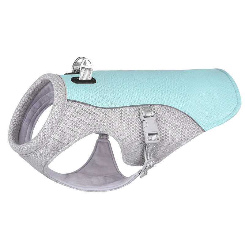 Dog cooling vest in blue color with breathable mesh and moisture wicking fabric for hot weather comfort (Color: Blue)