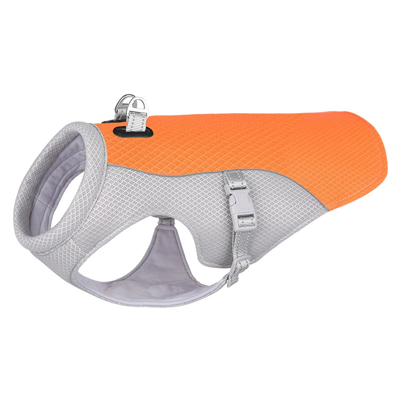 Dog cooling vest in orange color with breathable mesh and moisture wicking fabric for hot weather comfort (Color: Orange)